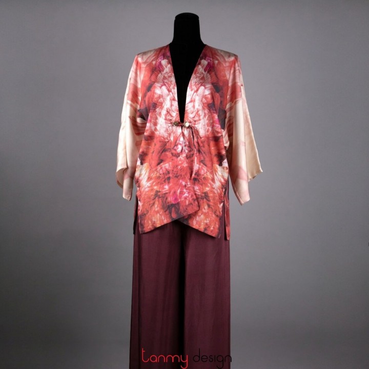 Áo Kimono dáng ngắn mẫu Hoa lan Đỏ